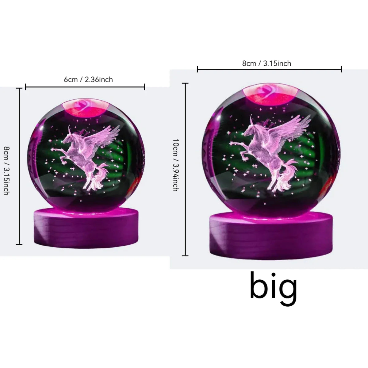 Lunoria Kristallkugel Einhorn | 3D-Lasergravur mit LED-Holzsockel | Stimmungslicht & Geschenkidee | Ø 8 cm