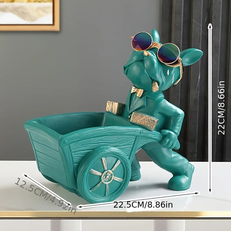 BauBull Dekofigur Bulldogge mit Schubkarre | Handgefertigte Resin-Skulptur | Tischdeko & Aufbewahrung | Schwarz/Grün
