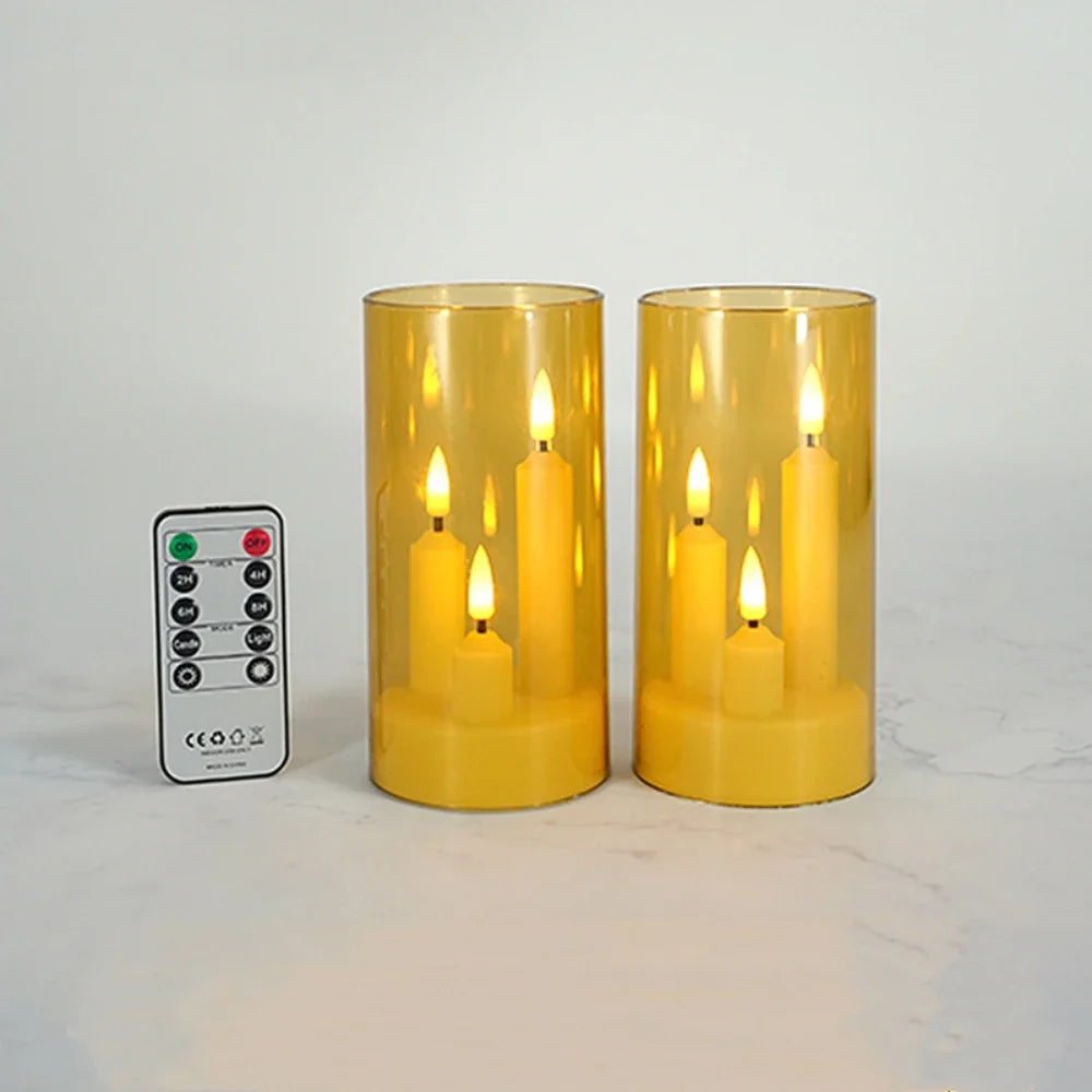 LumièreTrio LED-Stumpenkerze mit 3 Dochten | 7,5 × 15 cm | Fernbedienung & Timer | Flackerndes Warmlicht | Acryl-Design