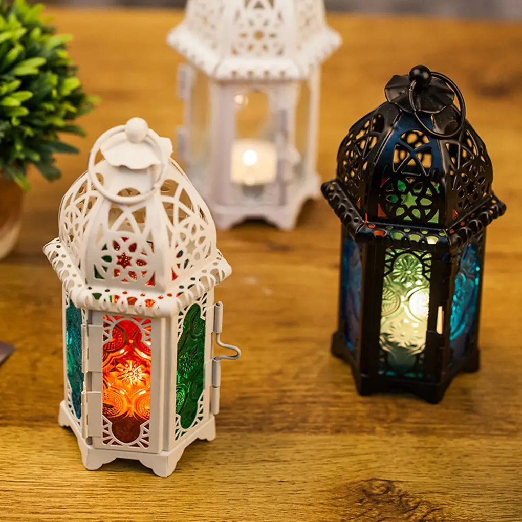 Marrakesh Glow | Marokkanischer Glas-Kerzenhalter | Handgefertigtes Eisen & Kristallglas | Orientalische Hängelaterne