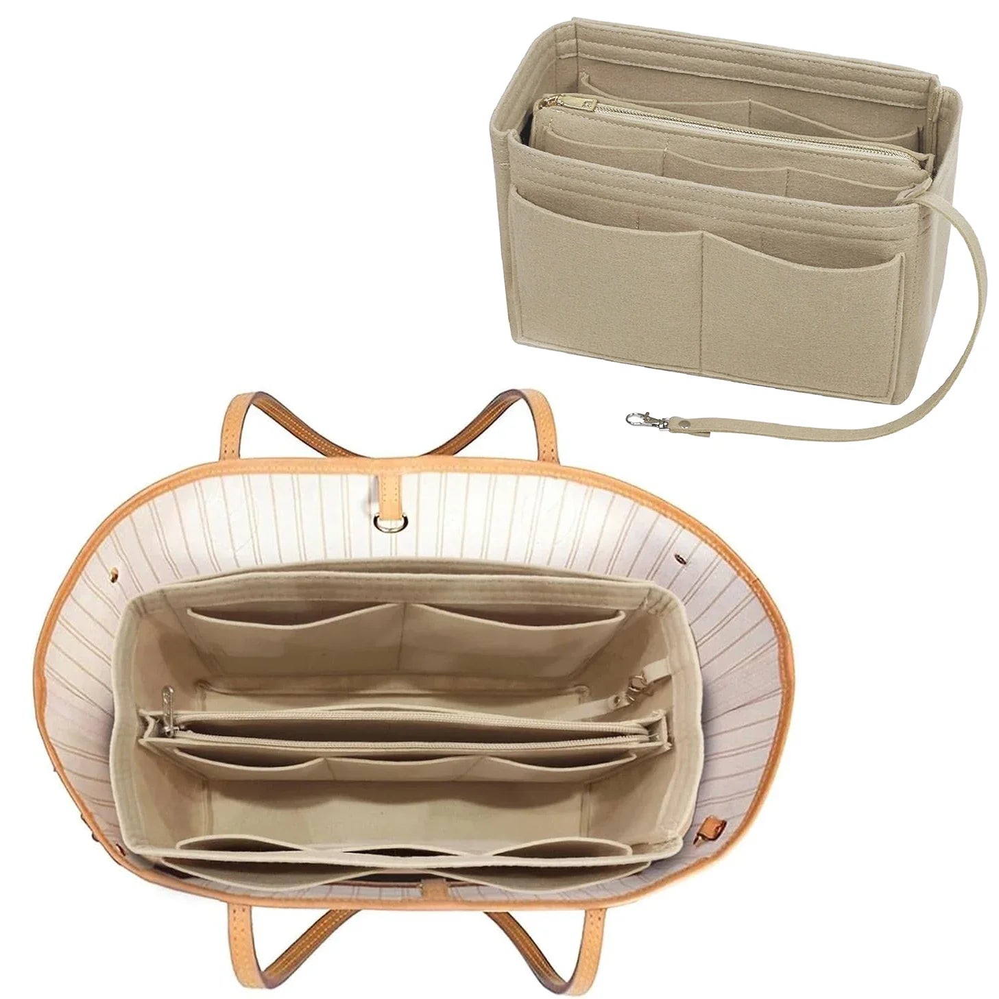 TaschenLuxe Organizer Inlay | Filz-Einsatz mit Reißverschluss | 15 Fächer & Schlüsselband | Für Handtaschen & Shopper