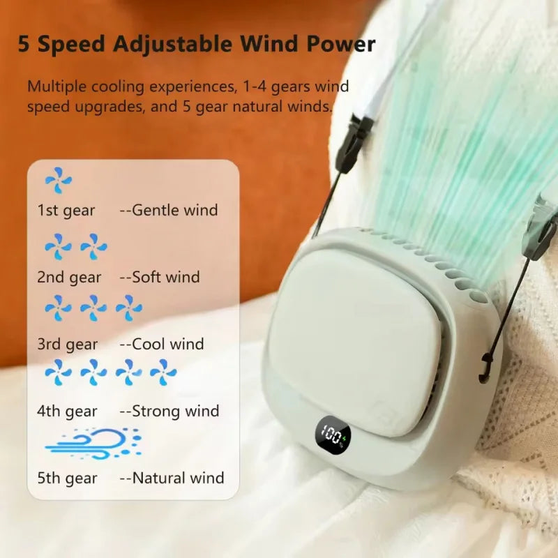 Brisano Halsventilator | Tragbar & Wiederaufladbar | 5 Geschwindigkeiten & LED-Anzeige | Leise Mini-Handventilator für Sommer & Reisen