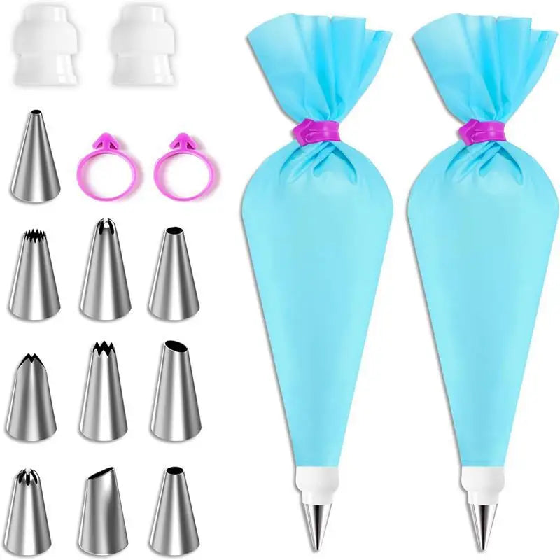 BakeDeko™ Spritztüllen-Set | Wiederverwendbare Silikon-Spritzbeutel mit Edelstahl-Tüllen | Für Torten, Cupcakes & Gebäck