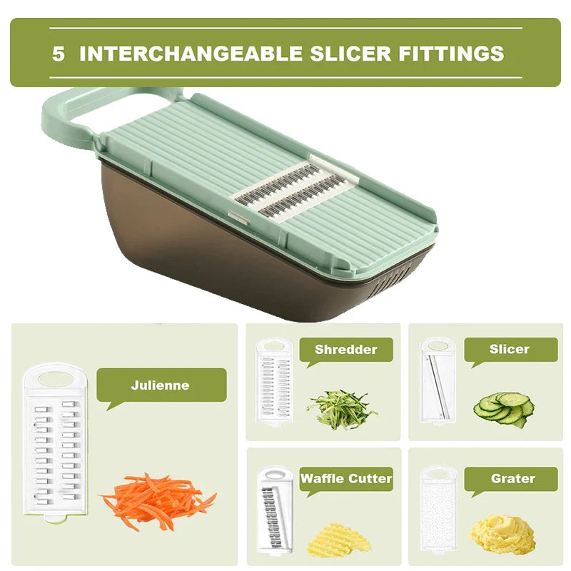 SchnippelMeister Gemüseschneider 5-in-1 | Multischneider mit Auffangbehälter | Reibe, Hobel & Dicer | BPA-frei & Spülmaschinenfest | 27×11×10 cm