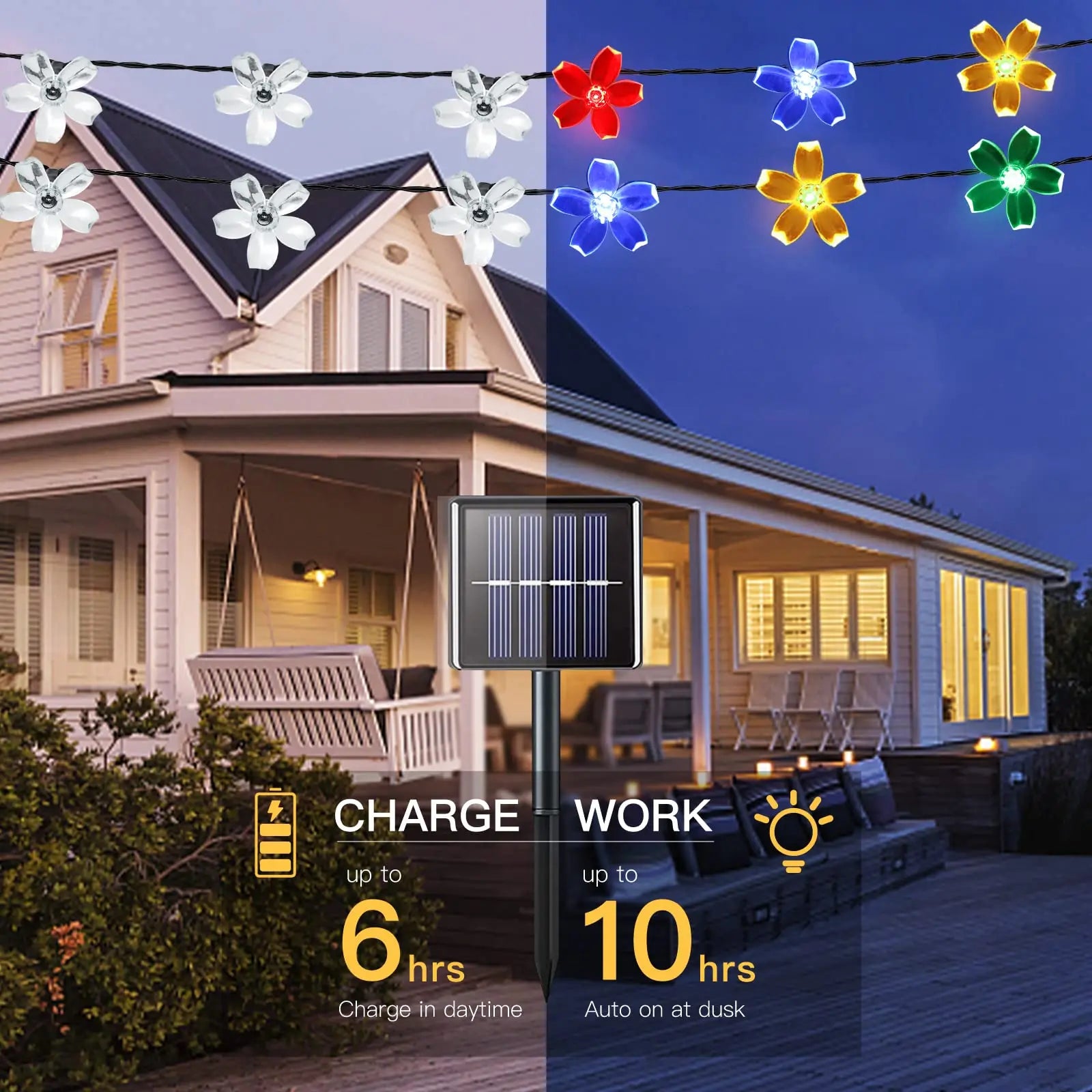 Floriva Solar Lichterkette Außen | Blumen-Design | 8 Modi | IP65 Wasserdicht | Warmweiß & RGB | 5 m / 7 m / 12 m