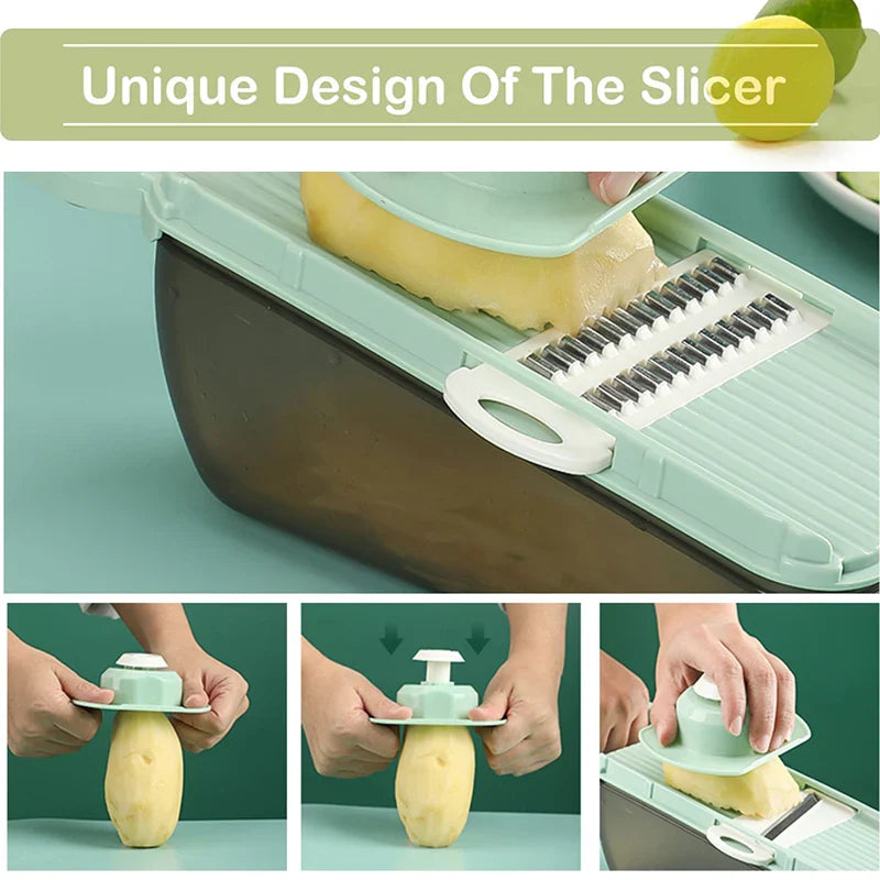 Gemüseschneider SlicePro MultiChef | 5-in-1 Küchenhobel mit Auffangbehälter | Edelstahlklingen & BPA-frei | Für Gemüse, Käse & Salat