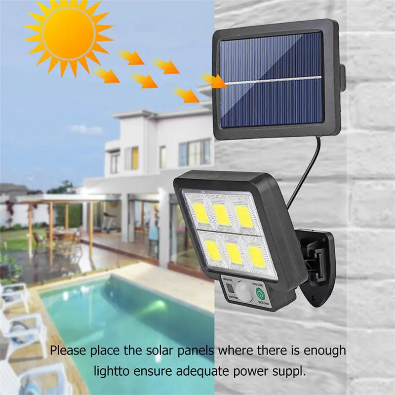 LumoVolt Solarlicht mit Bewegungsmelder | 72 COB LEDs | Fernbedienung & 5 m Solarpanel-Kabel | 3 Modi | IP65 Wetterfest