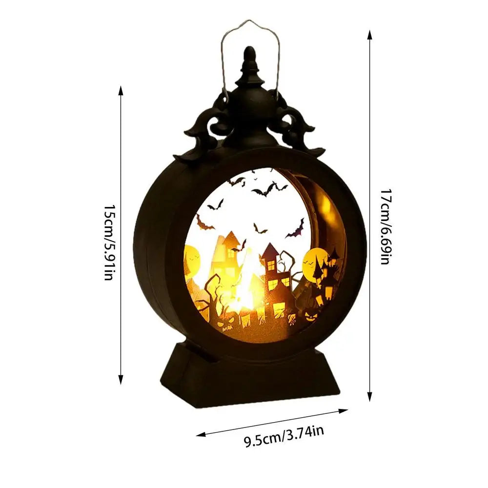 Hexenlicht | LED Halloween Laterne | Gotisches Schloss mit Kürbis & Hexe | Warmweißes Stimmungslicht