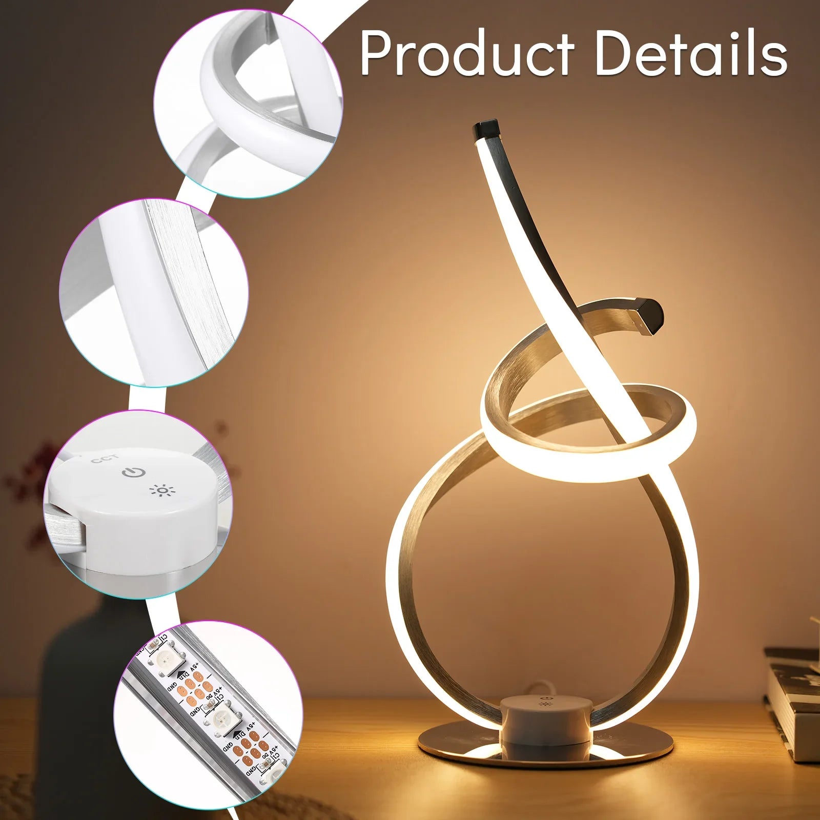 SpiraLume | LED Tischlampe Spiralform | 3 Lichtfarben & Dimmbar | Moderne Nacht- & Ambientelampe 33,5 cm