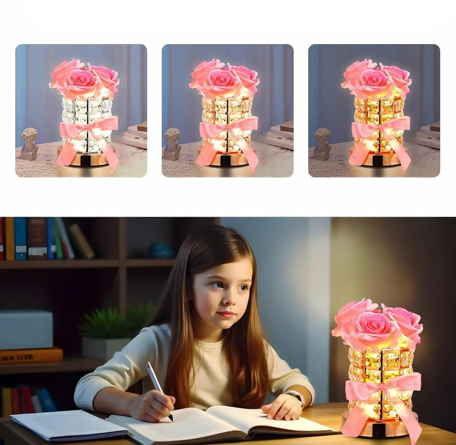 Kristall Rosen-Tischlampe | Dimmbar mit Touch-Bedienung | Elegantes Blumendesign | USB-Aufladung