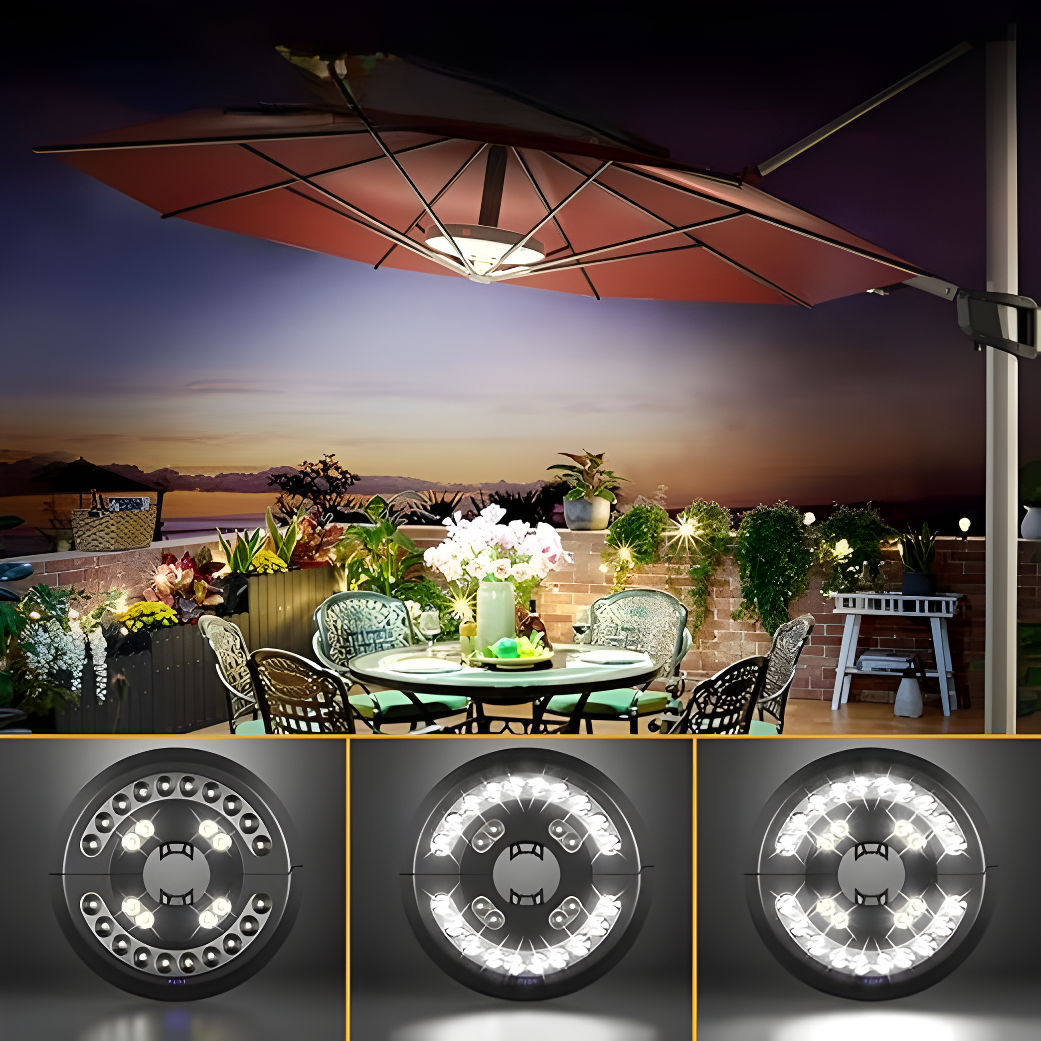 LumoClip LED Schirmleuchte mit Akku | 3 Helligkeitsstufen & 360° Licht | USB-Aufladung | Für Balkon, Garten & Camping