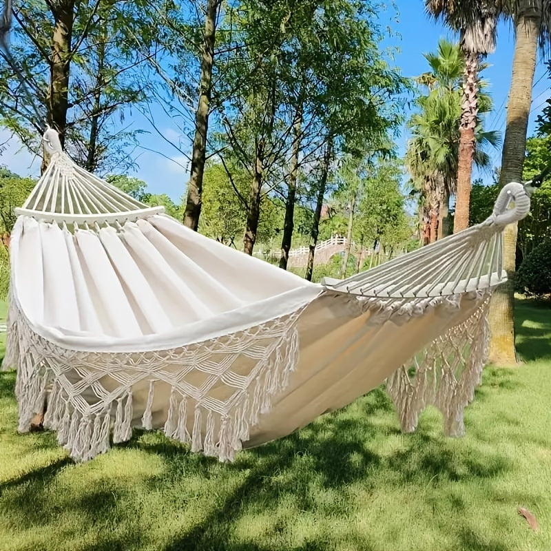 Boho-Hängematte Lunaria Breeze | Mit Pompons & Streifen | Baumwolle | Für 2 Personen | 43–54 kg Tragkraft