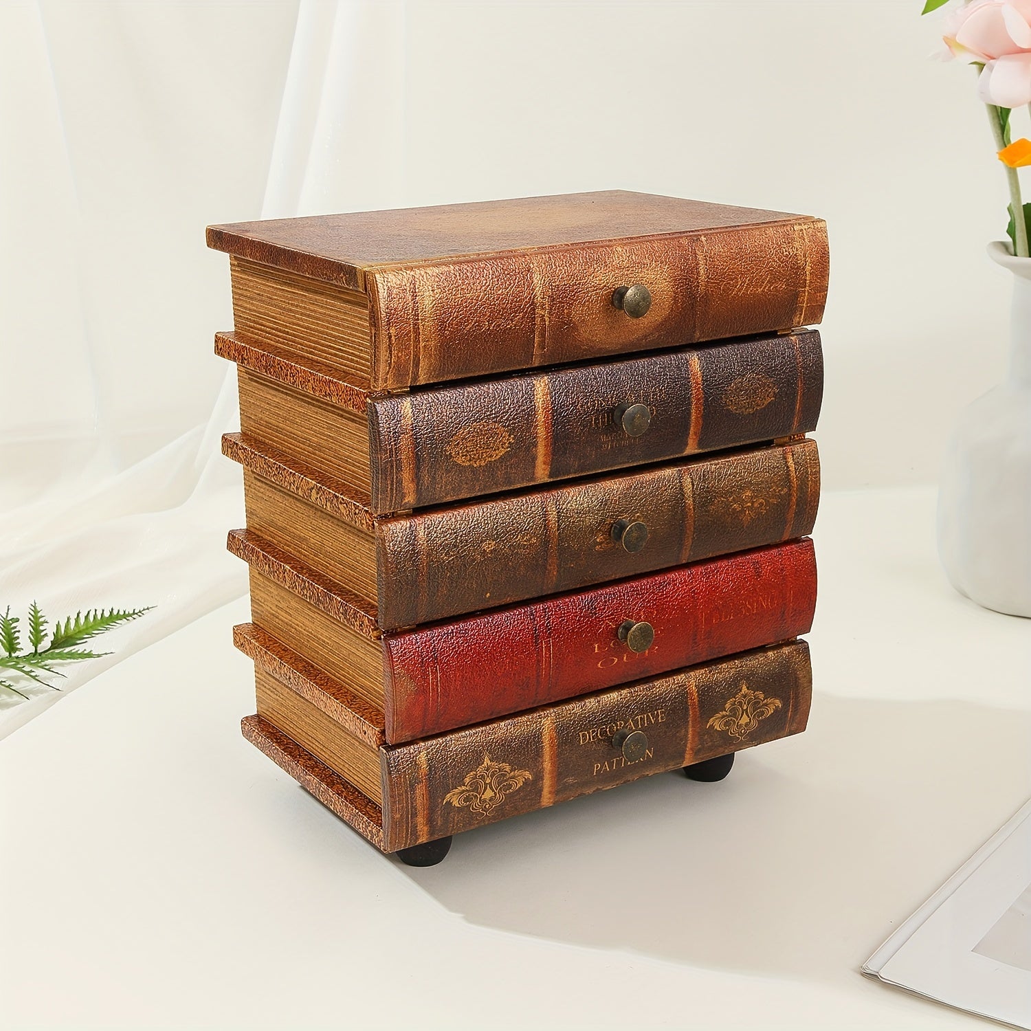 Holz-Schmuckbox Librovana | 5 Schubladen im Buch-Design | Vintage-Stil | Organizer für Schmuck & Sammlerstücke