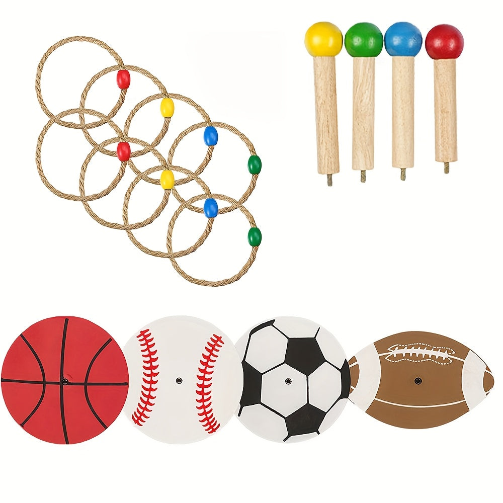 Wurfspiel-Set PlaySport Toss12 | 12-teilig | Aus Holz & Hanfseil | Mit Sportmotiven | Für Outdoor & Familie