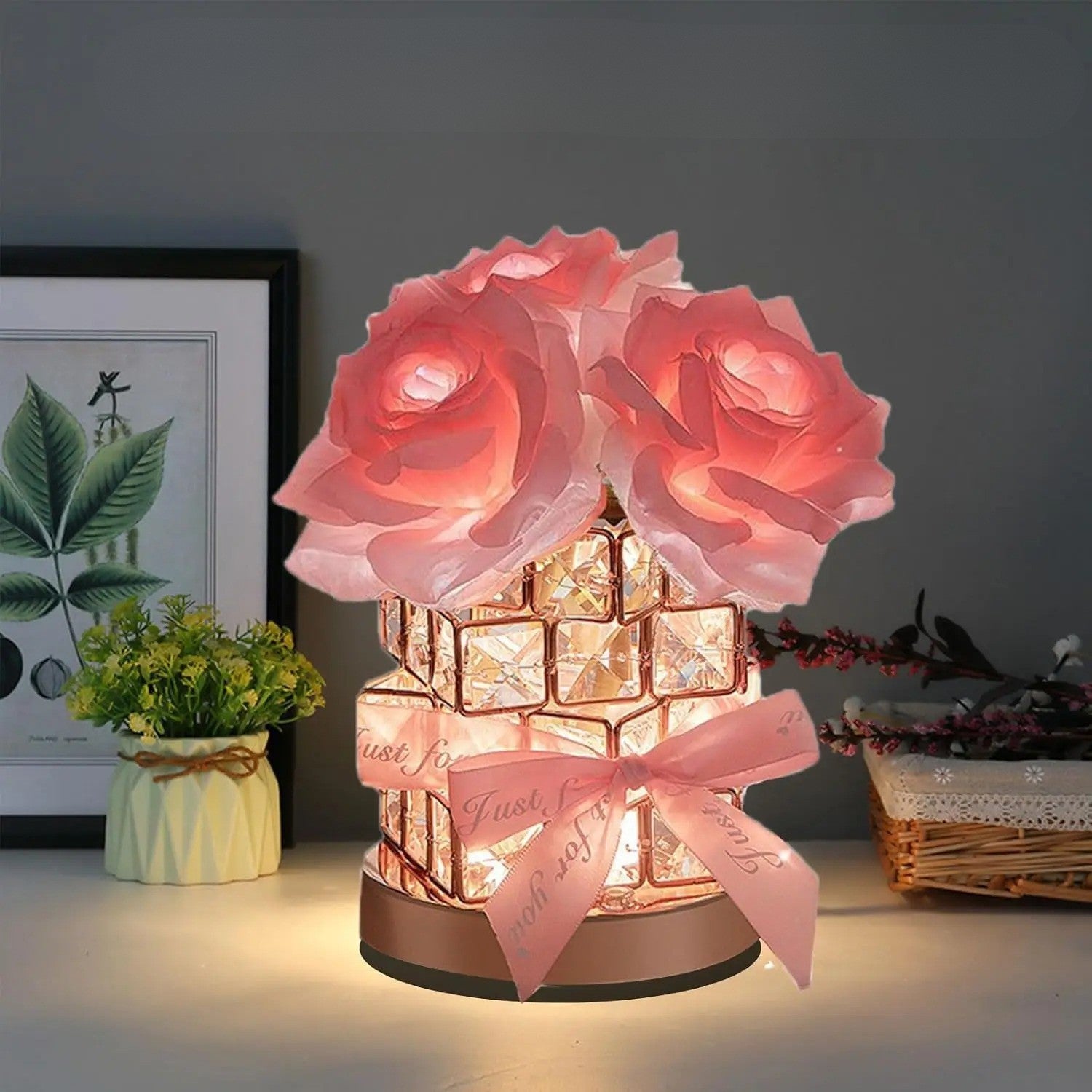 Kristall Rosen-Tischlampe | Dimmbar mit Touch-Bedienung | Elegantes Blumendesign | USB-Aufladung