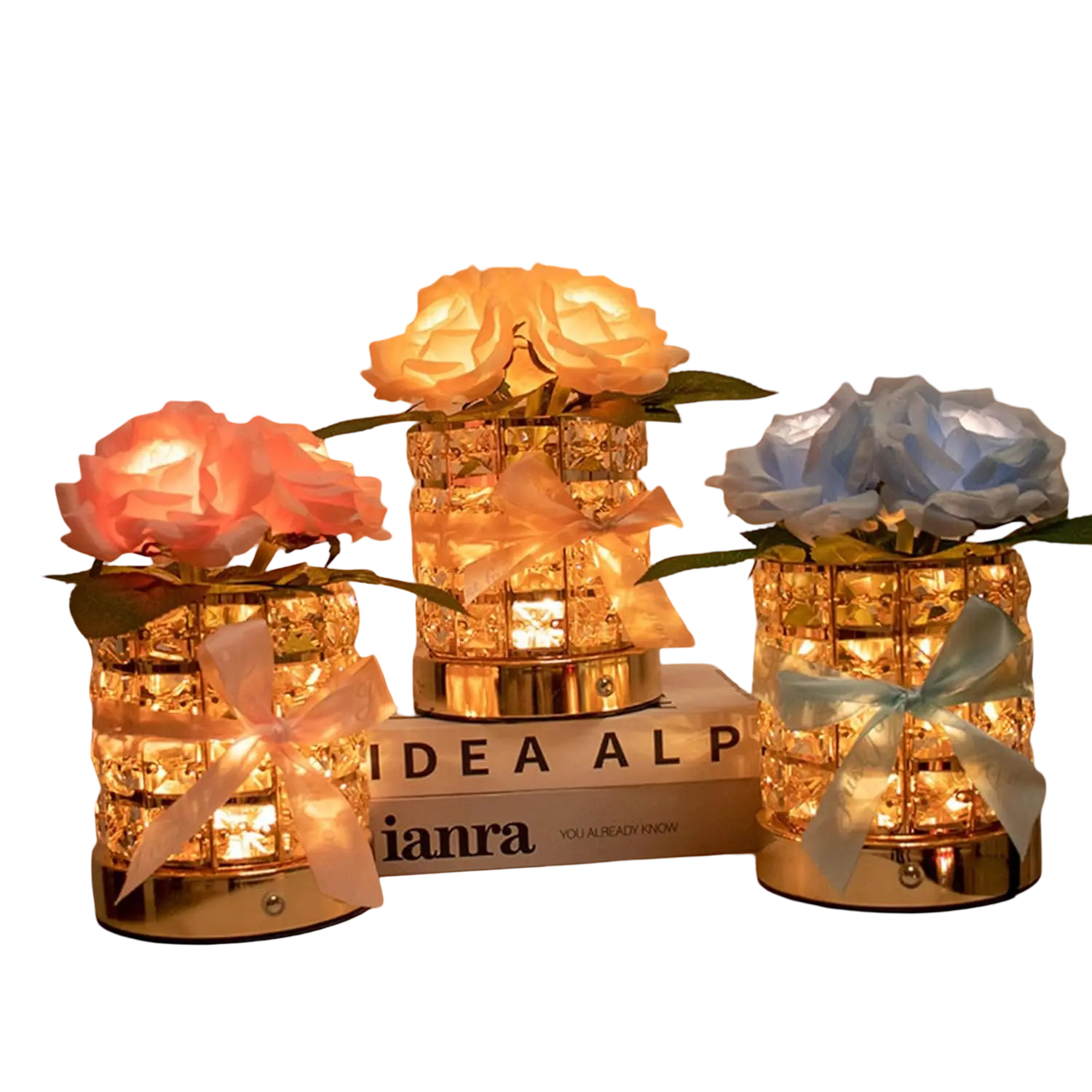 Kristall Rosen-Tischlampe | Dimmbar mit Touch-Bedienung | Elegantes Blumendesign | USB-Aufladung
