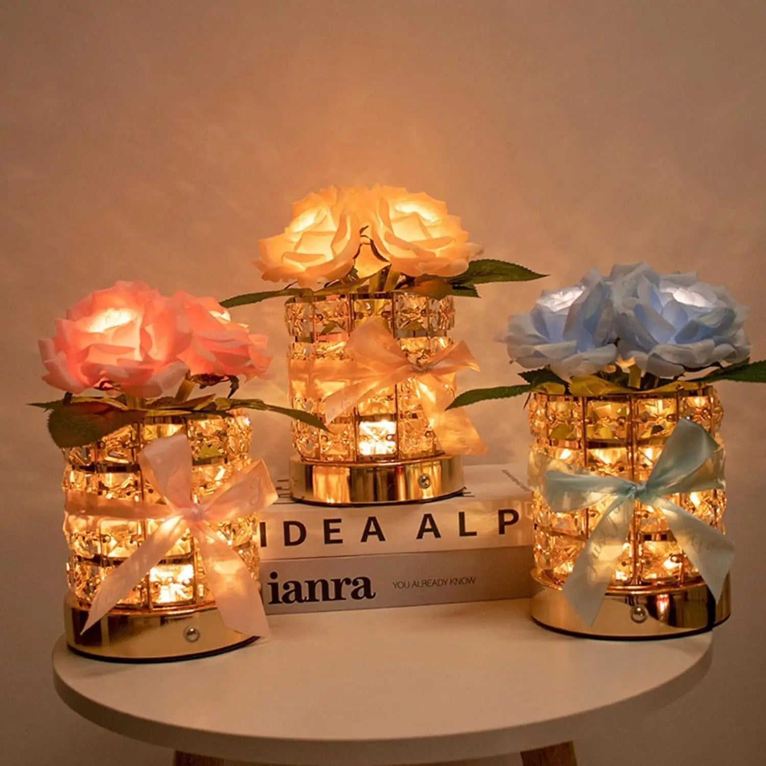 Kristall Rosen-Tischlampe | Dimmbar mit Touch-Bedienung | Elegantes Blumendesign | USB-Aufladung
