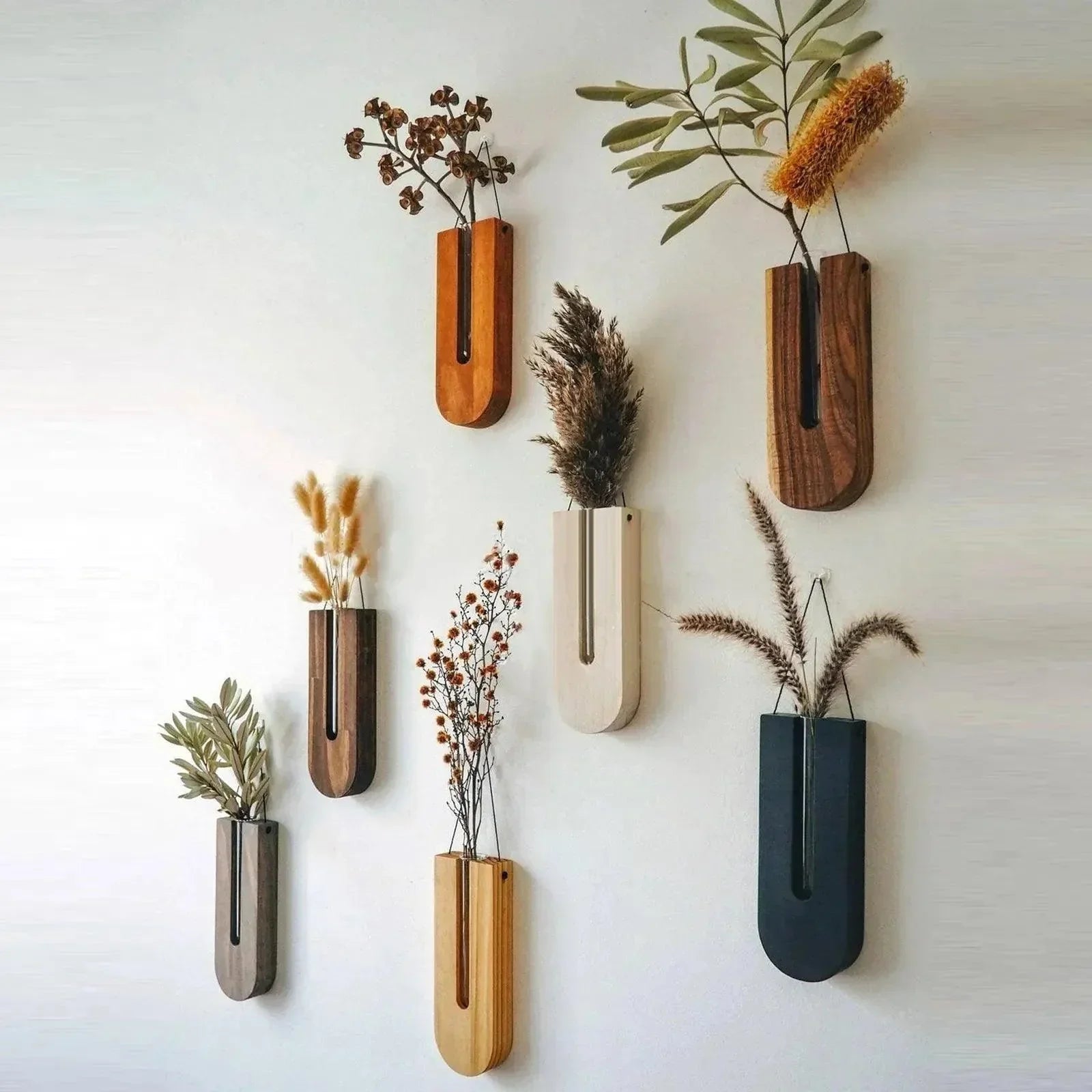 Wandvase FLORAVIA | Holz & Glas | 22×8,5×3 cm | Minimalistisches Design für Blumen & Pflanzen